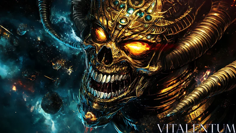 Cosmic horned skull deity blazes with molten golden power.