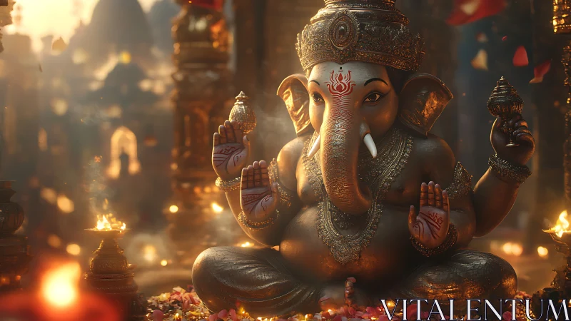 Ornate Ganesha idol amid glowing temple firelight ambiance.