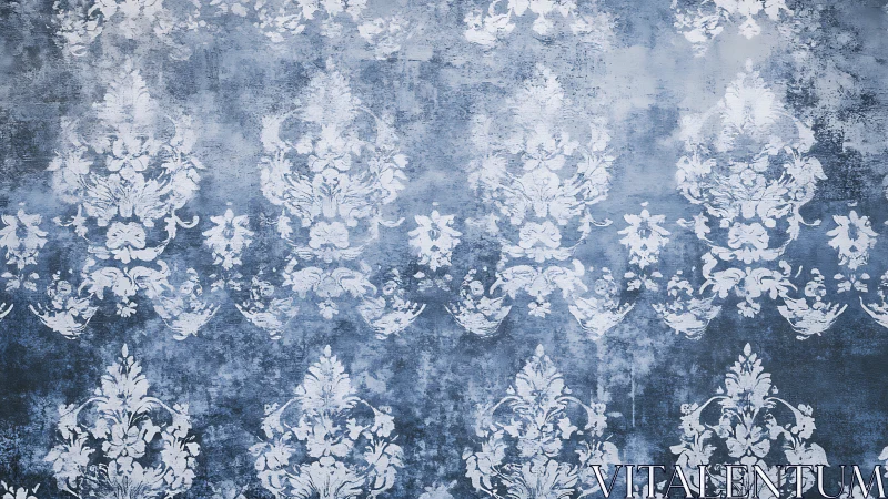 Vintage damask pattern over distressed blue background.