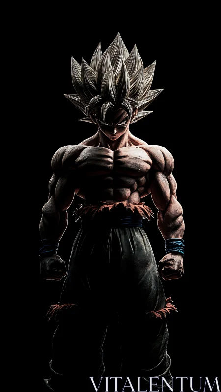 Stylized muscular warrior silhouette stands under hard lighting