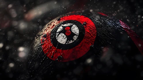 Weathered Red and Black Shield with Symbol in Dramatic Lighting.