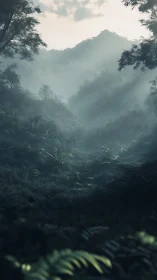 Misty Jungle Valley Between Forested Mountains.