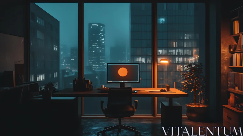 Cozy night workspace glowing against a calm city skyline.