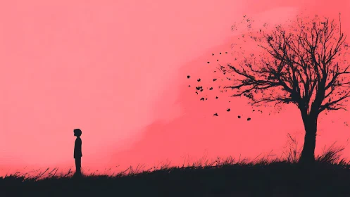 Lonely silhouette watches a quiet tree against soft pink sky