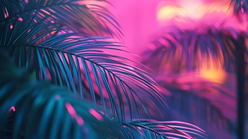 Neon gradient palm fronds under cinematic bokeh lighting