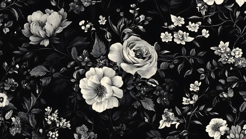 Black and White Floral Pattern with Botanical Engravings