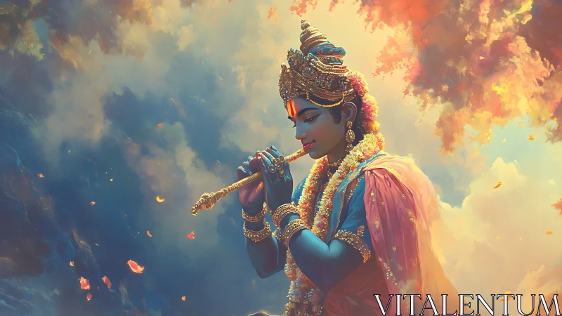Divine blue figure plays a flute amid glowing celestial clouds