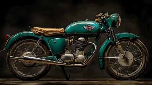 Studio-lit teal vintage motorcycle with exposed single-cylinder engine