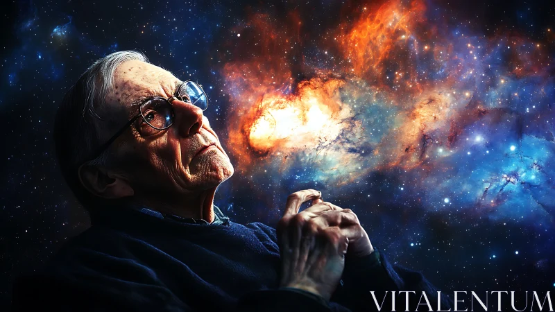 Elderly thinker rendered against a vividly chromatic nebula backdrop