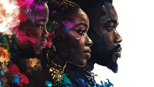 Profile portraits of three figures in expressive color palette.