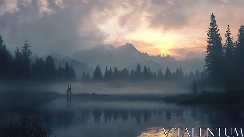 Misty conifer lake reflects distant mountains at sunrise