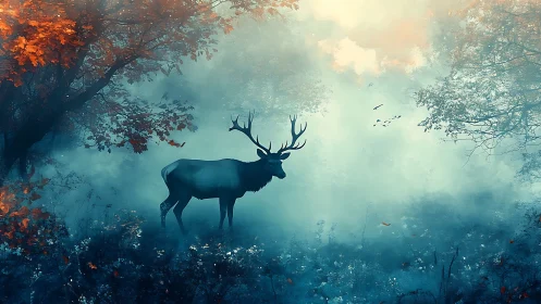 Gentle stag pausing in a misty, blue and amber forest dream.