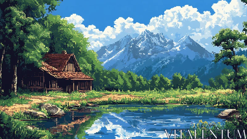 Lakeside pixel cabin beneath towering alpine mountains.