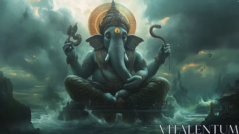 Storm-lit divine elephant deity over turbulent seascape.