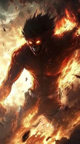 Fiery humanoid figure with glowing eyes in burning scene.