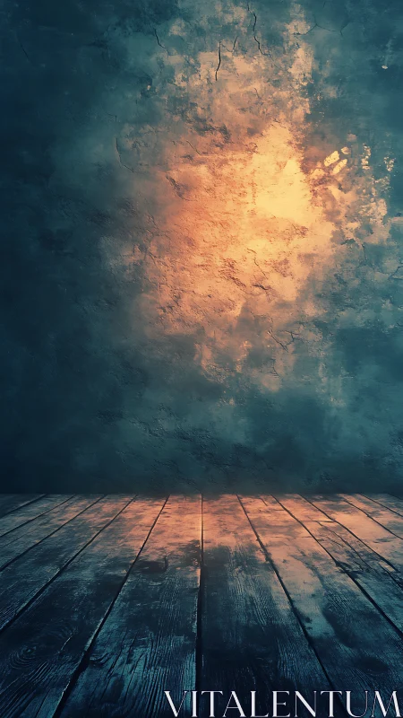 Weathered wooden floor reflects warm light on cracked wall