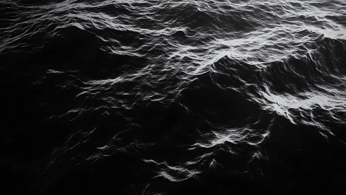 Monochrome ocean waves roll through deep shadowed water.