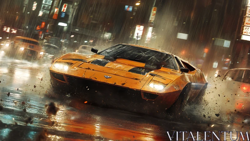 Yellow sports car drifts on wet urban street at night
