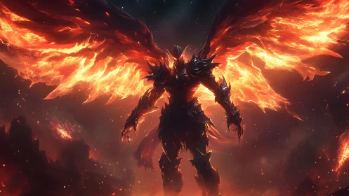 Armored winged figure stands amid flames in dark landscape