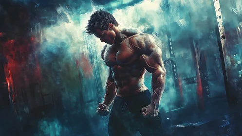 Muscular athlete in neon gym, atmospheric digital fitness art.