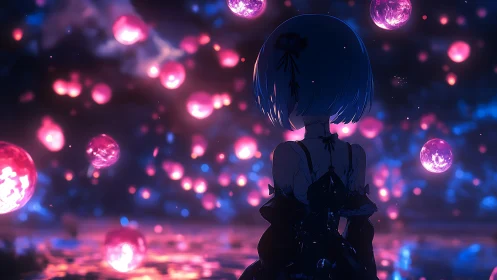 Blue haired girl studies glowing orbs over neon water.