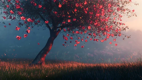 Leaning red blossom tree in soft evening meadow light.