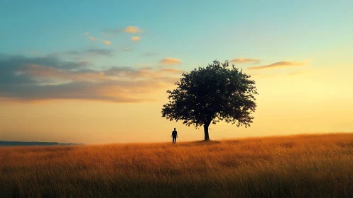 Golden meadow sunset welcomes a quiet moment beneath tree