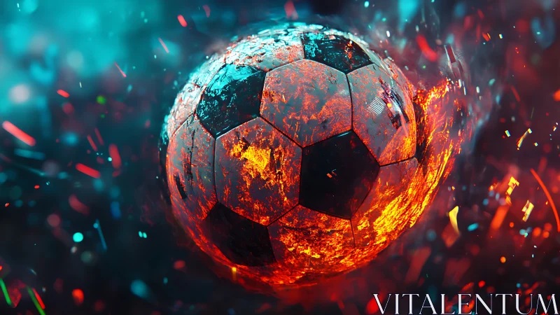 Blazing soccer ball surging through neon embers in motion.