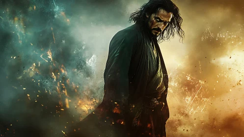 Samurai warrior emerges through bicolored explosive haze