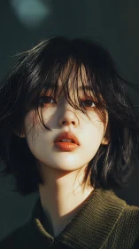 Close cropped portrait of woman in directional sunlight.