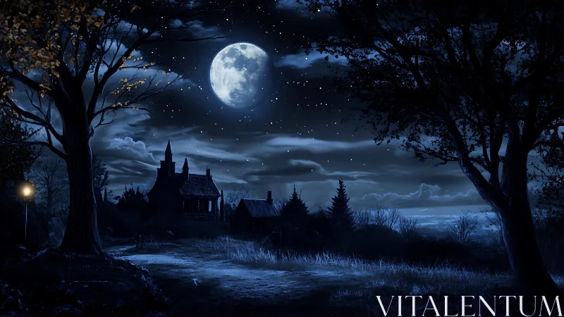 Moonlit haunted cottage under starry midnight sky.