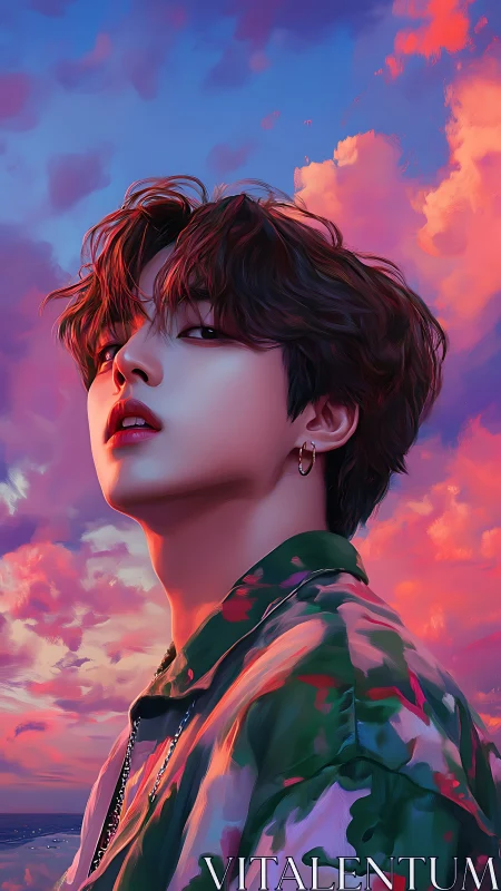 Sunlit digital portrait under vivid pink dusk clouds.