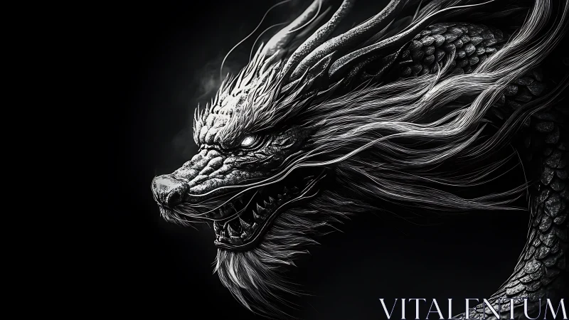 Storm-tressed shadow dragon coils in monochrome fury.