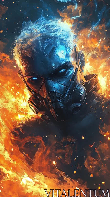 Cyborg warrior head emerging through blue fire and flames.