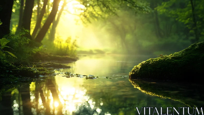 Serene forest stream at sunrise with glowing golden light, realistic style.