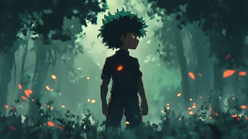 Silhouetted boy stands in glowing emberlit forest dusk.