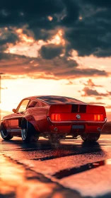 Sunset street muscle car glowing with golden reflections.