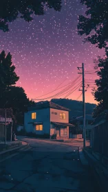 Twilight rural street with illuminated house under dense starfield