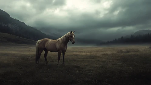 Photorealistic lone horse in misty alpine valley landscape.