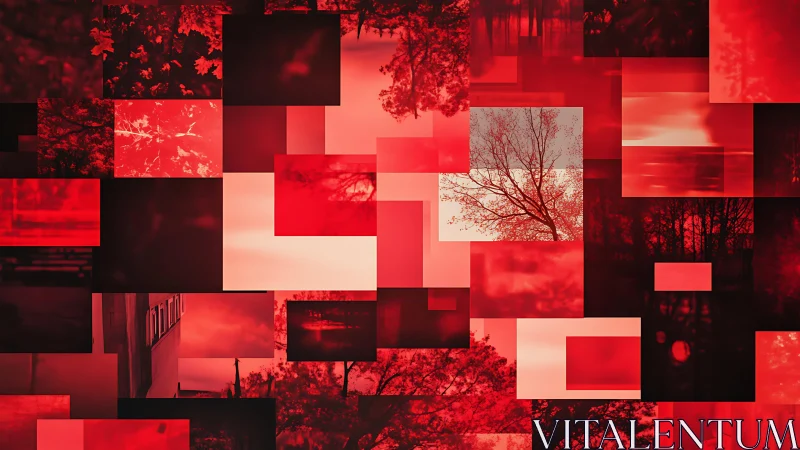 Red gradient collage merges abstract squares with trees