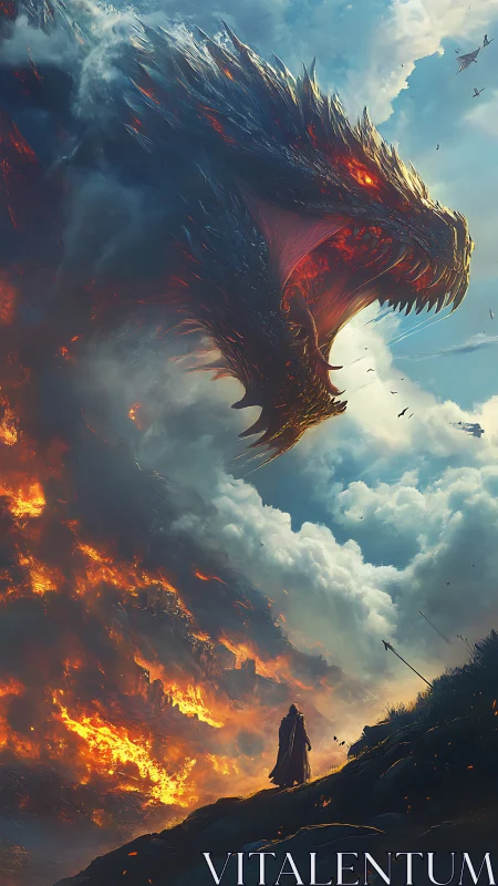 Colossal fire dragon descends from storm clouds over hero.