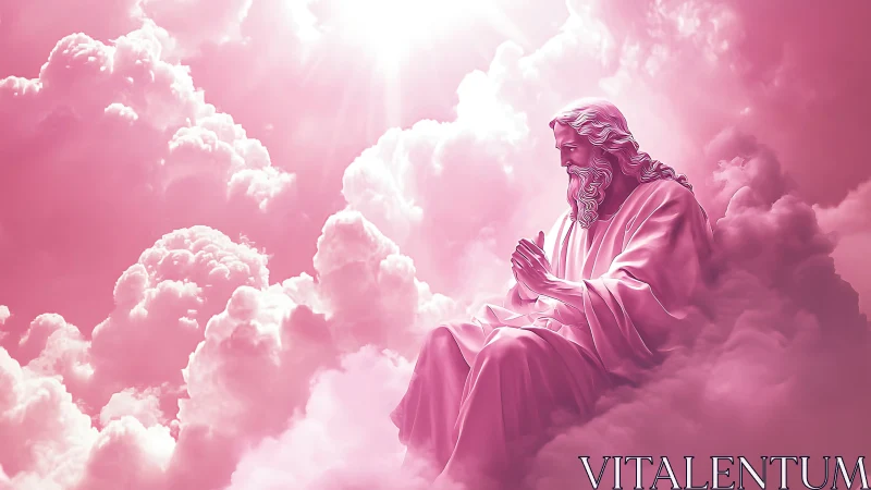 Praying robed figure rests in radiant pink heavenlike clouds.