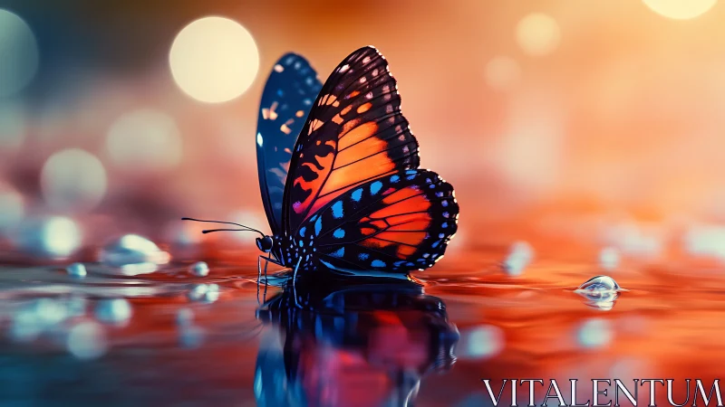 Vibrant butterfly resting on reflective water surface.