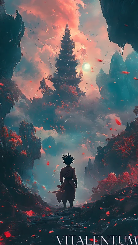 Silhouetted figure observes distant tiered tower in canyon