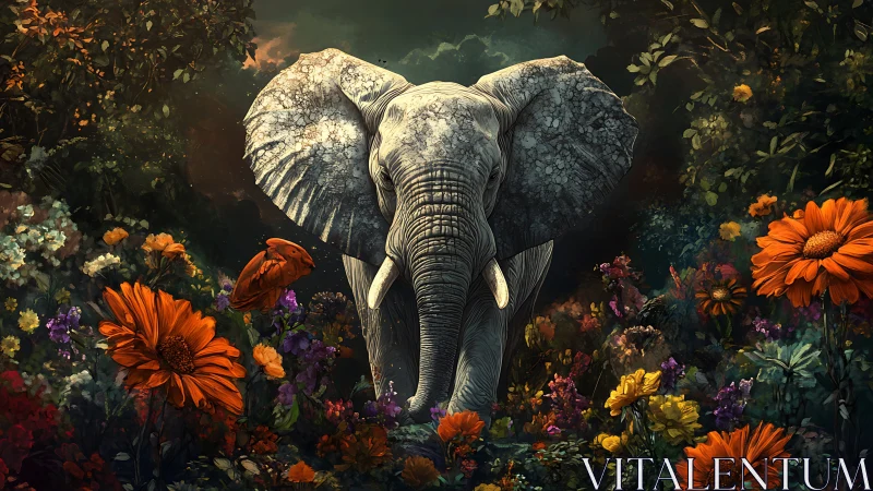 Elephant emerging through florid jungle under dramatic light