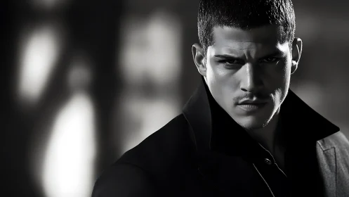 Monochrome male portrait with strong directional lighting.
