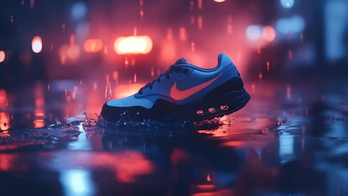 Running sneaker in rain with neon city reflections at night.