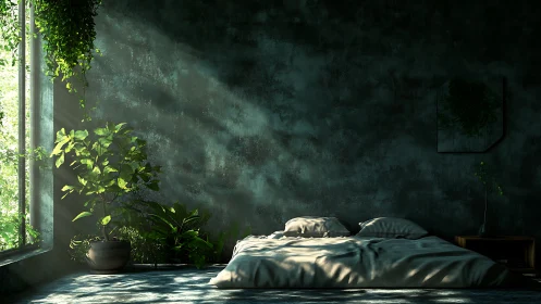 Serene sunlit bedroom with lush indoor plants and shadows.