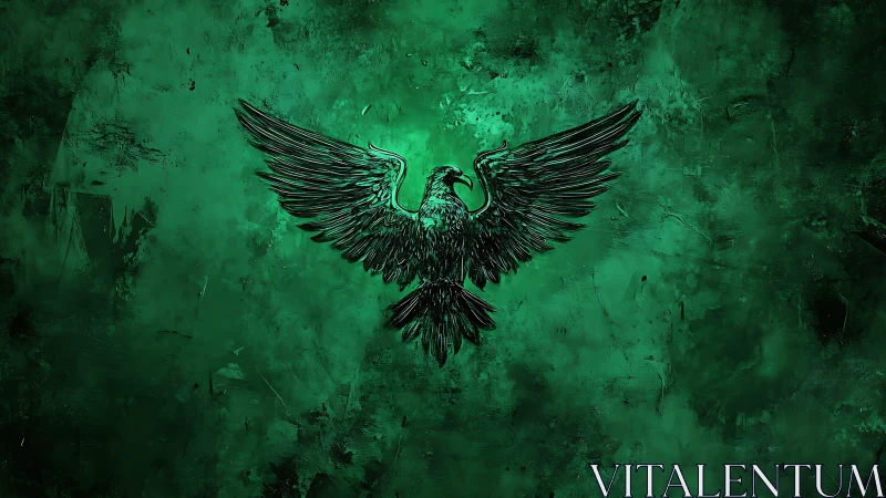 Majestic Black Eagle on Textured Emerald Green Abstract Background.