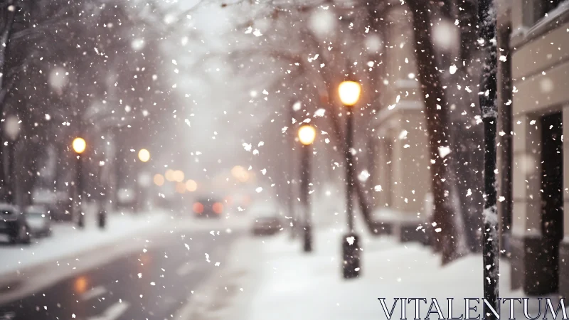 Soft snow falls on a quiet city street at dusk.